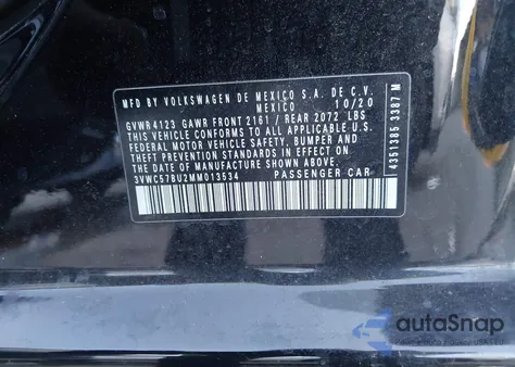 2021 Volkswagen Jetta 1.4T R-Line/1.4T S/1.4T Se из США, поврежденный, VIN 3VWC57BU2MM013534